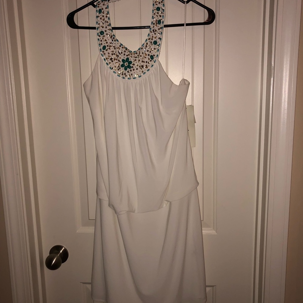 Bloomingdales halter beaded white dress NEW